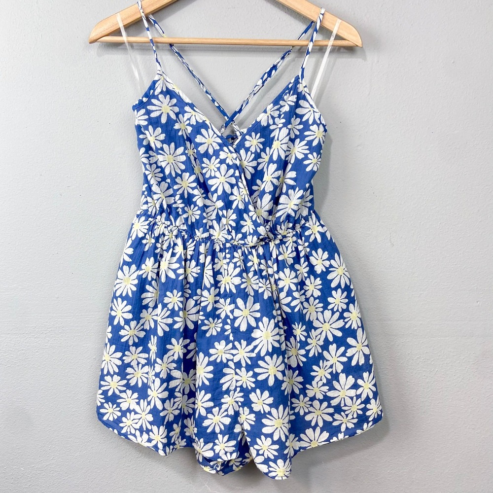American Eagle Romper Size S Blue Daisy Floral Cross Back Boho Cottage Festival